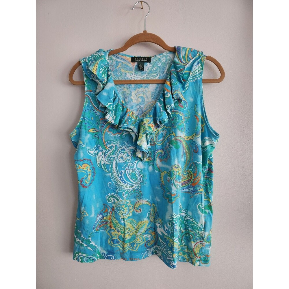 Lauren Ralph Lauren Women's Plus Sz 1X Blue Paisley Ruffle V Neck Knit Tank Top